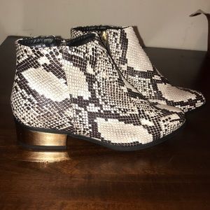 Snakeskin colored gold heeled booties